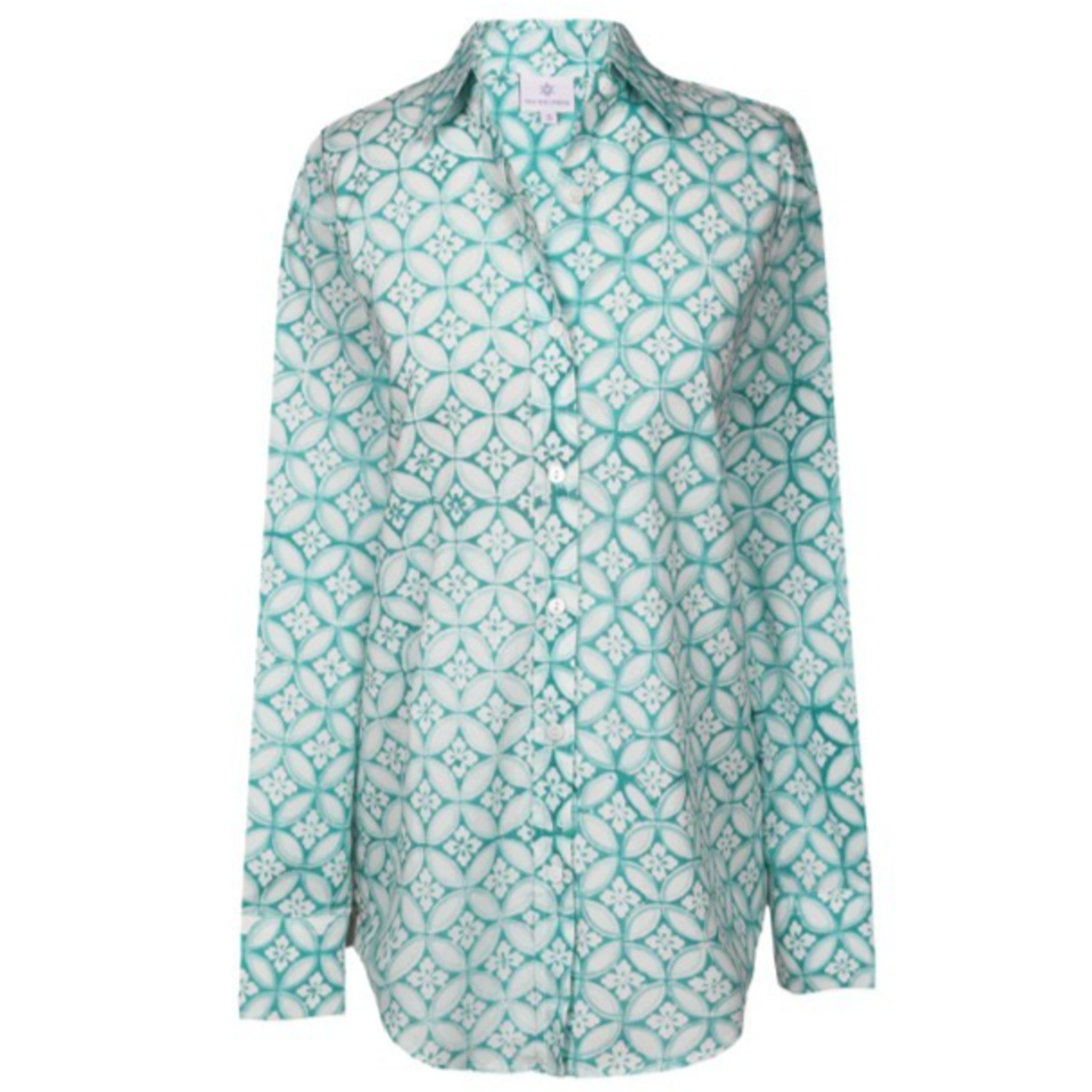 Pax Philomena Nina Aqua Floral Button Down Blouse Medium Boho Lagenlook Artsy — image 2 of 7